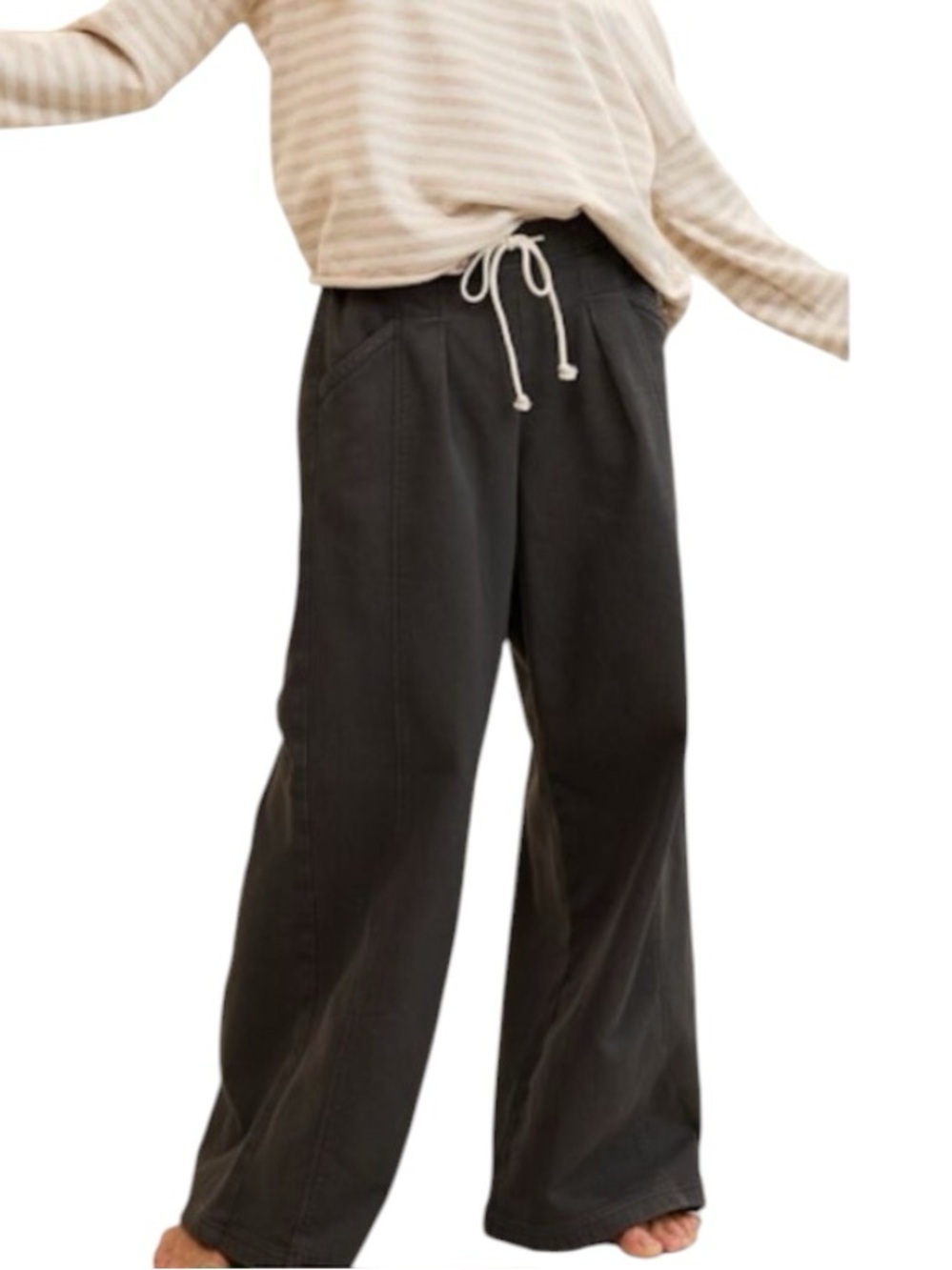 American Eagle Aerie Me-Day Tie Waist Wide-Leg Drawstring Pants in Charcoal XS